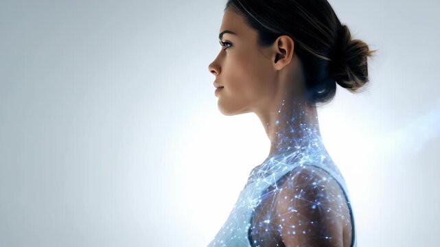 Futuristic portrait of a young woman with digital network connections overlay, symbolizing artificial intelligence and technology. Modern innovation meets human potential in this concept