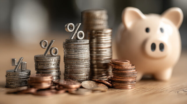 photorealistic financial planning scene of rising interest rates represented by stacked coins, percentage indicators, and a piggy bank arranged on a wooden desk in a modern office, sharp m