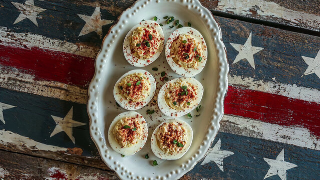 classic deviled eggs on rustic american flag background