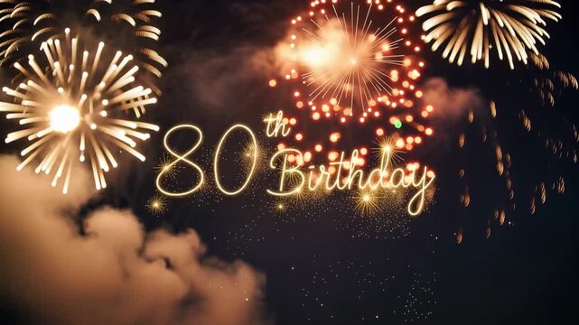 Vibrant night sky with sparkling fireworks celebrating elegant 80th birthday in stunning 4K resolution