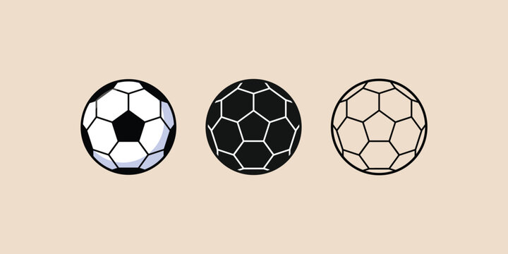 Three soccer balls rest against a soft beige background. Each ball features classic pentagon and hexagon patterns. First ball has black and white panels with subtle shading