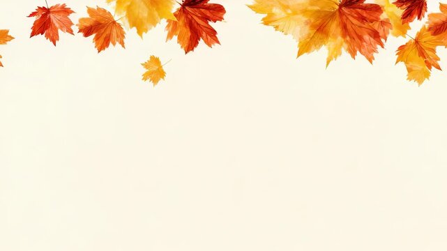 Autumn maple leaves in vibrant orange, red, and yellow colors frame a blank cream background, creating a seasonal border. Perfect for fall themed designs and creative projects
