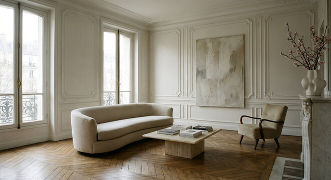 A minimalist living room with a curved sofa, a travertine coffee table with books, an armchair, and a vase of flowers on a marble fireplace, all set against a backdrop of ornate wall