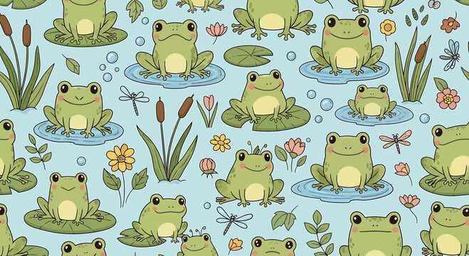Cute Frog Pattern: Whimsical Amphibians in Pond with Dragonflies and Reeds