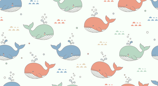 Cute Whales Pattern: Whimsical Underwater Scene with Bubbles and Waves