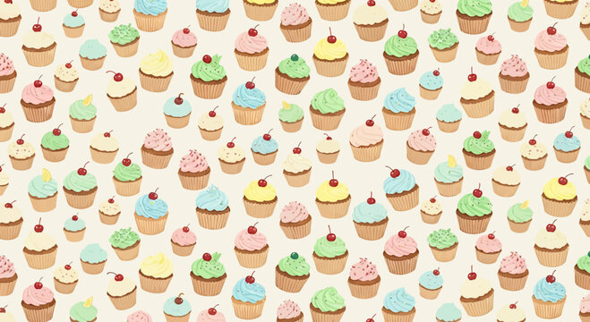 Seamless Pattern of Colorful Cupcakes with Cherry Topping on Creamy Background