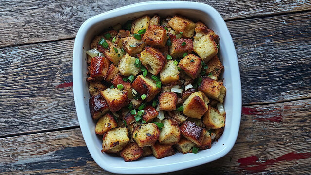 classic thanksgiving stuffing in white ceramic dish on wooden table 