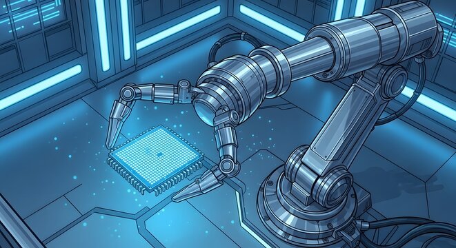 Advanced Robotic Arm Handling Microchip in Futuristic Lab