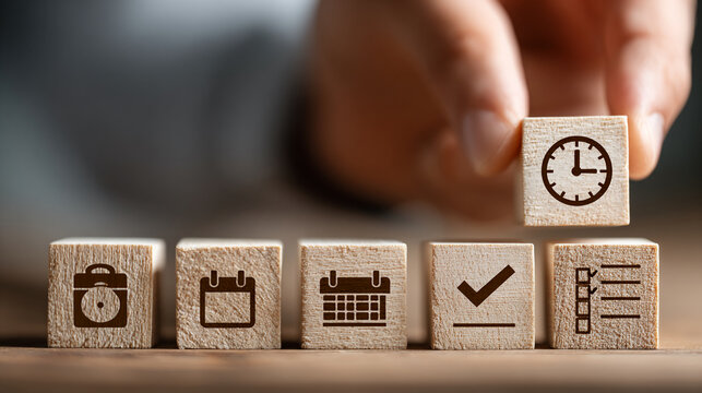 x A detailed time management productivity concept of a business hand stacking wooden blocks with clock, calendar, and checklist icons on a minimalist desk setup, ul