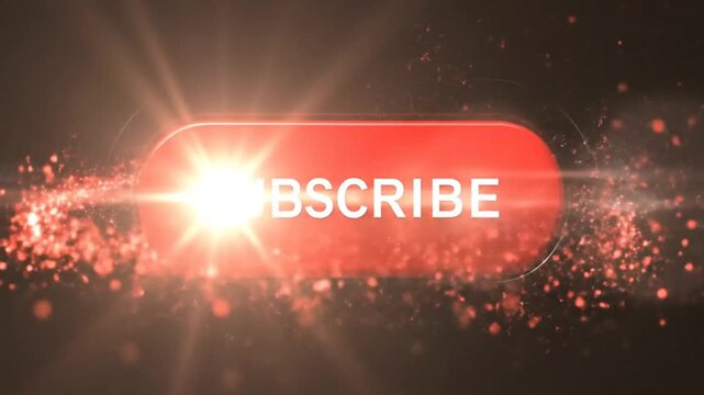 Red subscribe button with glowing particles and lens flare effects on dark background.