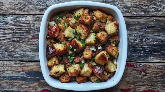 classic thanksgiving stuffing in white ceramic dish on wooden table 
