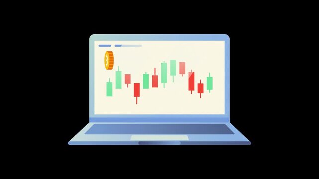 Trading Stocks Animation with Animated Candlestick Chart on Laptop Screen Looping