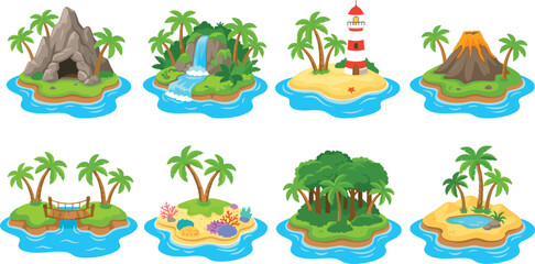 Tropical Island Scene Icon Set with Volcanoes, Waterfalls, Lighthouses, and Palm Trees for Nature, Travel, and Adventure Designs © MSTSULTANA