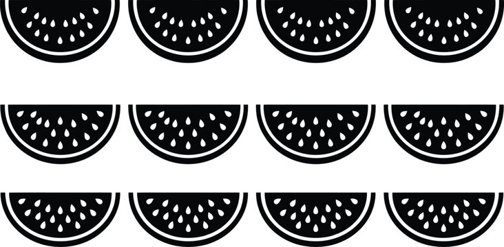 Fifteen black and white stylized watermelon slice arranged in three rows of five on a white background for food-related and summer themes