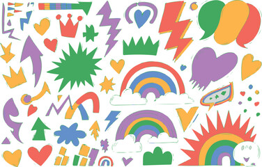 Obraz premium Colorful hand drawn doodle elements hearts rainbows lightning bolts clouds and speech bubbles.