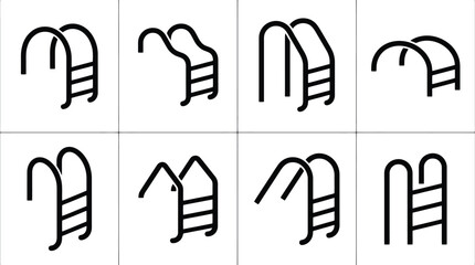 Collection of eight black and white line representing various styles of swimming pool ladders and steps for easy entry and exit into water bodies with different and configurations including curved © shahzad