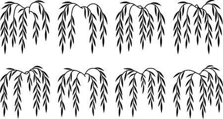 Collection of eight black silhouette weeping willow branches with long slender leaves hanging downwards on a white background in a simple style representing nature and botanical keywords: weeping © shahzad