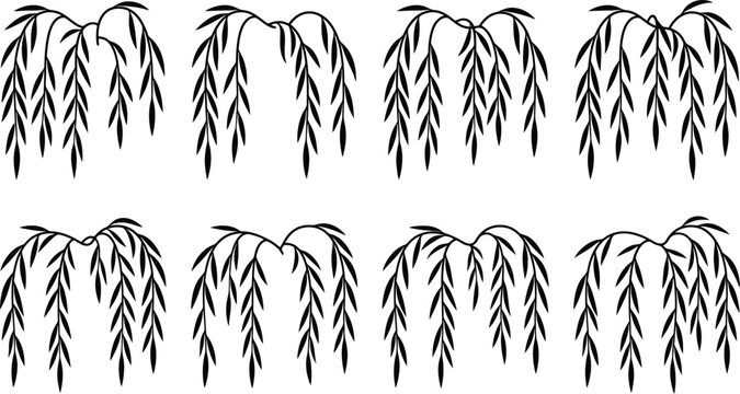 Collection of eight black silhouette weeping willow branches with long slender leaves hanging downwards on a white background in a simple style representing nature and botanical keywords: weeping