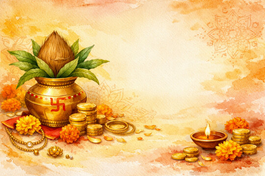 Watercolor akshaya tritiya festival background with golden elements traditional decorations and spiritual symbolism