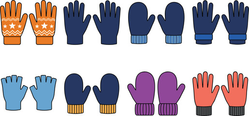 Winter Gloves and Mittens Icon Set with Various Styles, Colors, and Patterns for Cold Weather, Fashion, and Winter Apparel Designs © MSTSULTANA