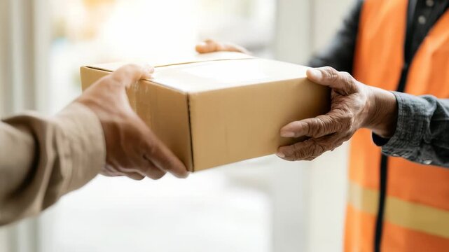 Close up of a courier in an orange safety vest delivering a cardboard package to a customer at the door. Hands exchange a parcel in a bright indoor setting, symbolizing modern delivery services