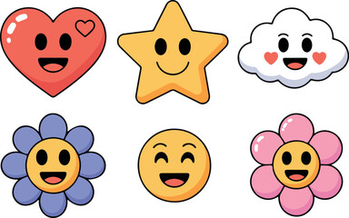Fototapeta premium Cute cartoon heart star cloud flower and smiley face characters set.