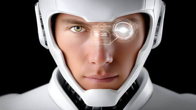 Close-up of a cyborg face with glowing eye and hud display, artificial intellige