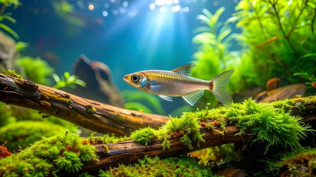 Fish swims in a bright aquarium, illuminated by sunlight. Mossy log in foreground