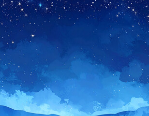 Naklejka premium 水彩タッチで描かれた深みのあるグラデーションが美しい夜空と満点の星々の幻想的なイラスト背景素材。上部にきらめく星々、下部に広がる青い空間は広々としたコピースペースとなり、WebサイトやSNS投稿、プレゼンテーション資料、メッセージカードなど様々な用途で文字入れやデザイン配置が容易。神秘的でロマンチックな雰囲気は、夢や希望、癒しを表現するコンテンツに最適です。