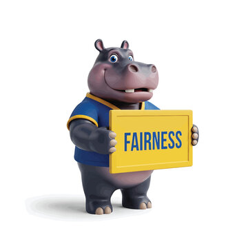 Hippo character holding a fairness sign in blue shirt