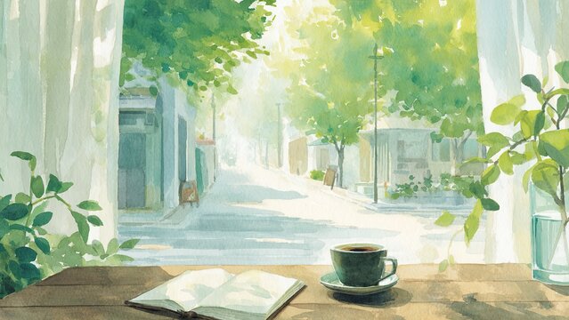 水彩で描く静かな街とカフェ 読書とコーヒーのある日常風景