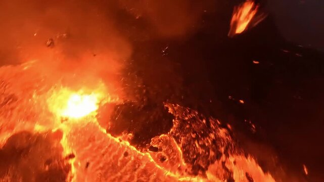 Aerial View of Molten Lava Bubbling and Exploding from a Crater. Cinematic Drone Footage. Representing Volcanic Activity, Intense Heat, and Geological Transformation.
