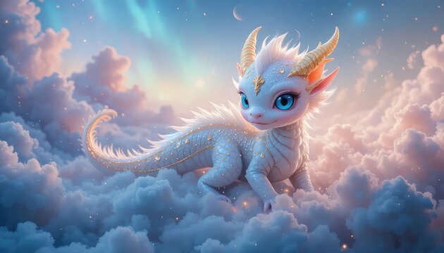 A beautiful fluffy baby dragon with pearlescent white and gold scales, big innocent cyan eyes, resting on dramatic clouds