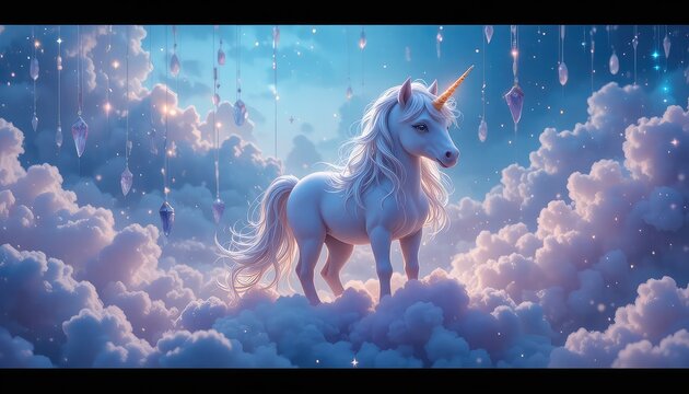 An ethereal fluffy baby unicorn with silver mane and tiny golden horn, standing on layered clouds 