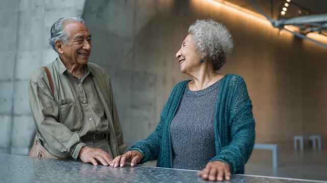 Mature Hispanic couple standing indoors, perhaps in a modern public space. They appear thoughtful, looking off into the distance. Gentle lighting enhances this intimate moment.