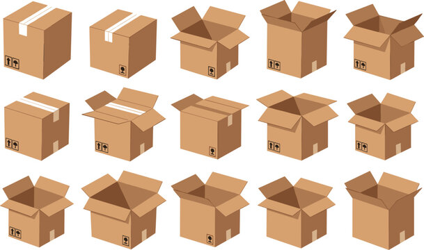 Set of cardboard boxes sealed and open packaging collection delivery shipping vector illustration isolated on white background