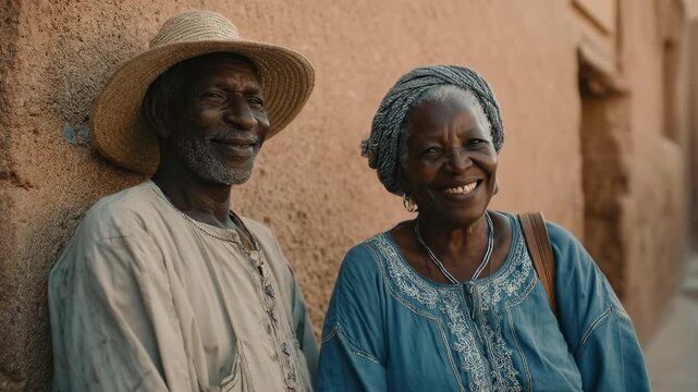 Smiling African elderly couple. Senior African man and woman posing against ochre wall. Portrait captures wisdom, age, intimacy. Traditional clothing, warm light. Authentic African lifestyle.