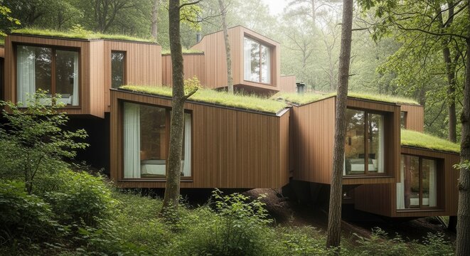 Modern interlocking modular dwelling units with green roofs nestled within a serene forest landscape, showcasing innovative sustainable architecture.