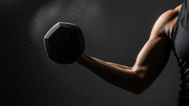 Muscular arm doing a bicep curl with a dumbbell, dust particles visible around weight