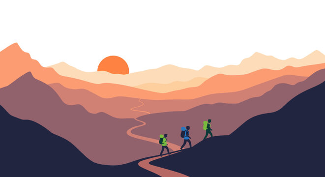 Three adventurous backpackers wearing vibrant gear trek along a winding mountain trail during a serene sunset featuring layered peaks and a warm orange glow.