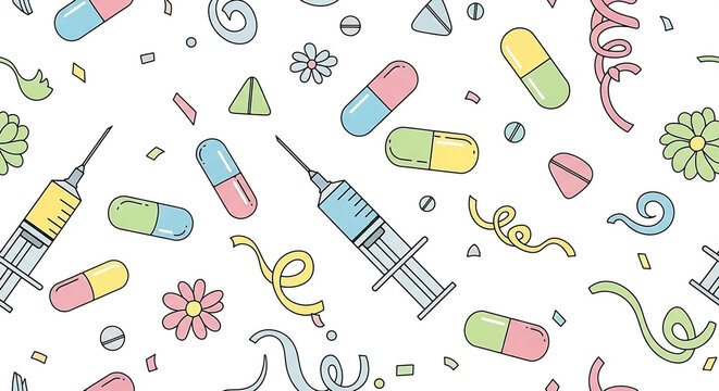 A festive medical pattern with syringes, pills, and confetti on a white background