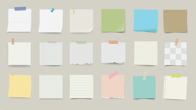 A collection of colorful sticky notes and paper sheets, featuring various textures and colors. Sticky notes and paper for reminders and organization. Stationery element vector set.