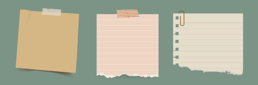 Three note papers: a plain sticky note, a lined paper with tape, and a torn notebook page with a paperclip. Note papers for reminders and lists. Stationery element vector set.
