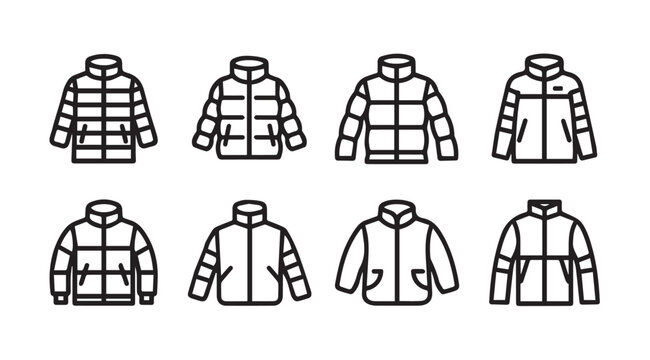 Collection of stylized winter jacket outlines on a white background for fashion design