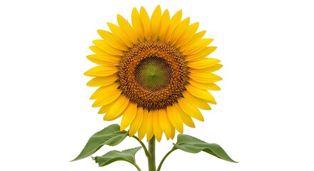 Obraz premium Bright yellow sunflower with prominent seed head and green leaves, isolated on white