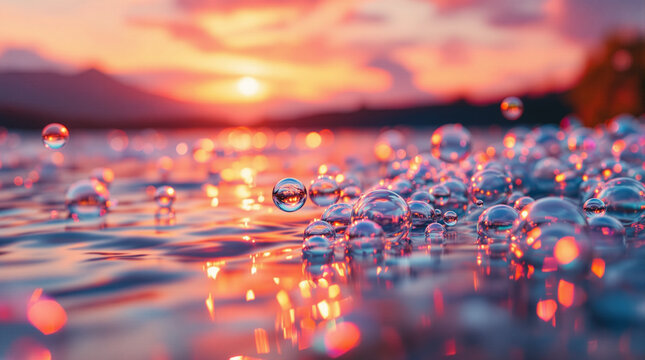 gelembung sabun di air yang jernih dan sorotan sinar matahari sore yang indah 
