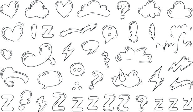 Doodle elements set hearts clouds lightning bolts and letters Z on transparent background.