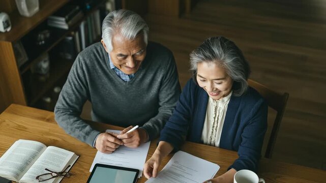 Senior Asian couple reviewing documents at home. Elderly woman and man working on paperwork, finances, or legal matters. Retirement planning, family business. Trustworthy, experienced, calm.