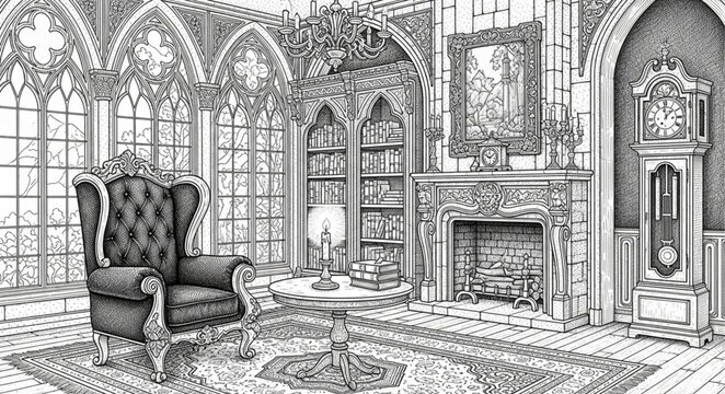Intricate Victorian Room Interior with Armchair and Grandfather Clock.
