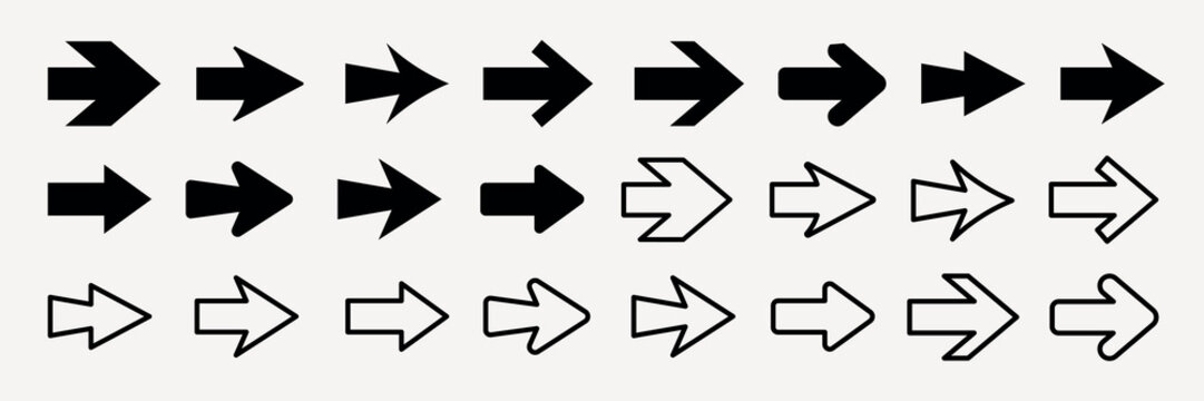 Various black arrow icons in different styles and directions, including solid and outlined arrows, pointing left and right, in a simple design. Element vector set.